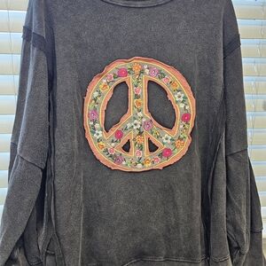 Embroidered Floral Peace Sign Pullover - Charcoal